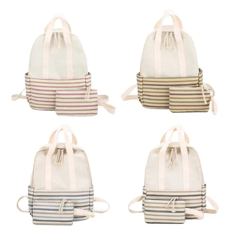 

2pcs/Set Striped Canvas Backpack Women Schoolbags Clutch Travel Rucksack