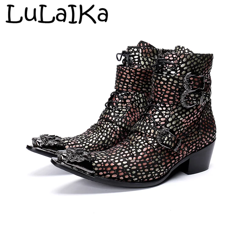 

Sexy Color Dot Chelsea Woman Winter Boots Fashion Pointed Toe Metal Faucet Decoration Leather Low Heel Ankle Motorcycle Shoes