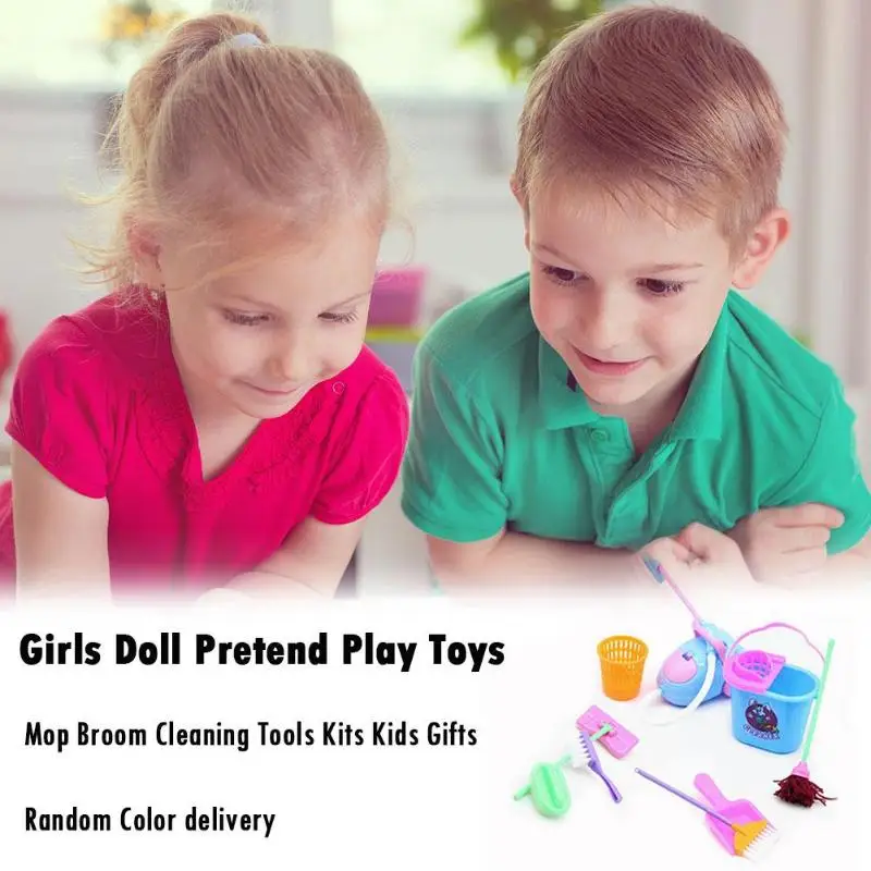 9 piezas muñeca juego juguetes de plástico RP escoba de limpieza Kits de herramientas de niños regalos niños Juguetes Accesorios escobas limpieza