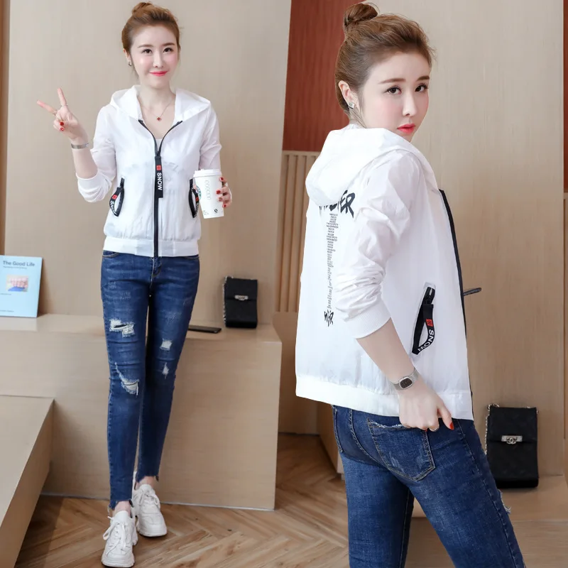 

#3514 Red White Pink Sunscreen Short Jacket Women Casual Super Thin With Hooded Slim Coat Women Korean Style Letters Printed