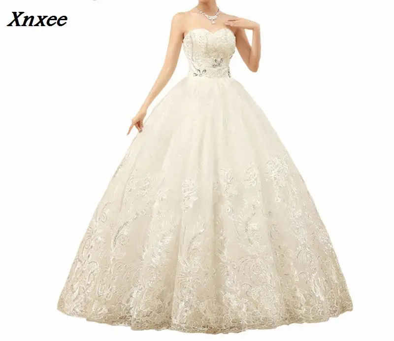 

Xnxee Cheap White Princess Wedding Frocks Vestidos De Novia Sequins Strapless Lace Dresses Bride Frocks Xnxee