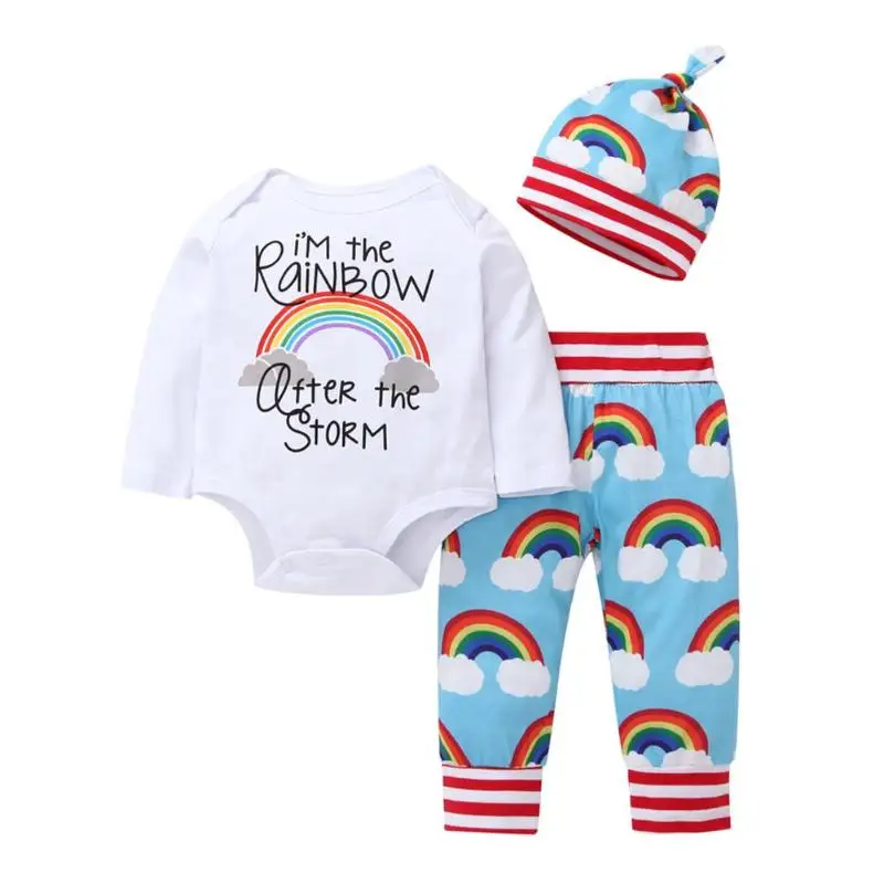 

3pcs Cute Casual Autumn Clothing Set Rainbow Letters Print Long Sleeve Baby Rompers Elastic Pants Hat Cotton Outfits