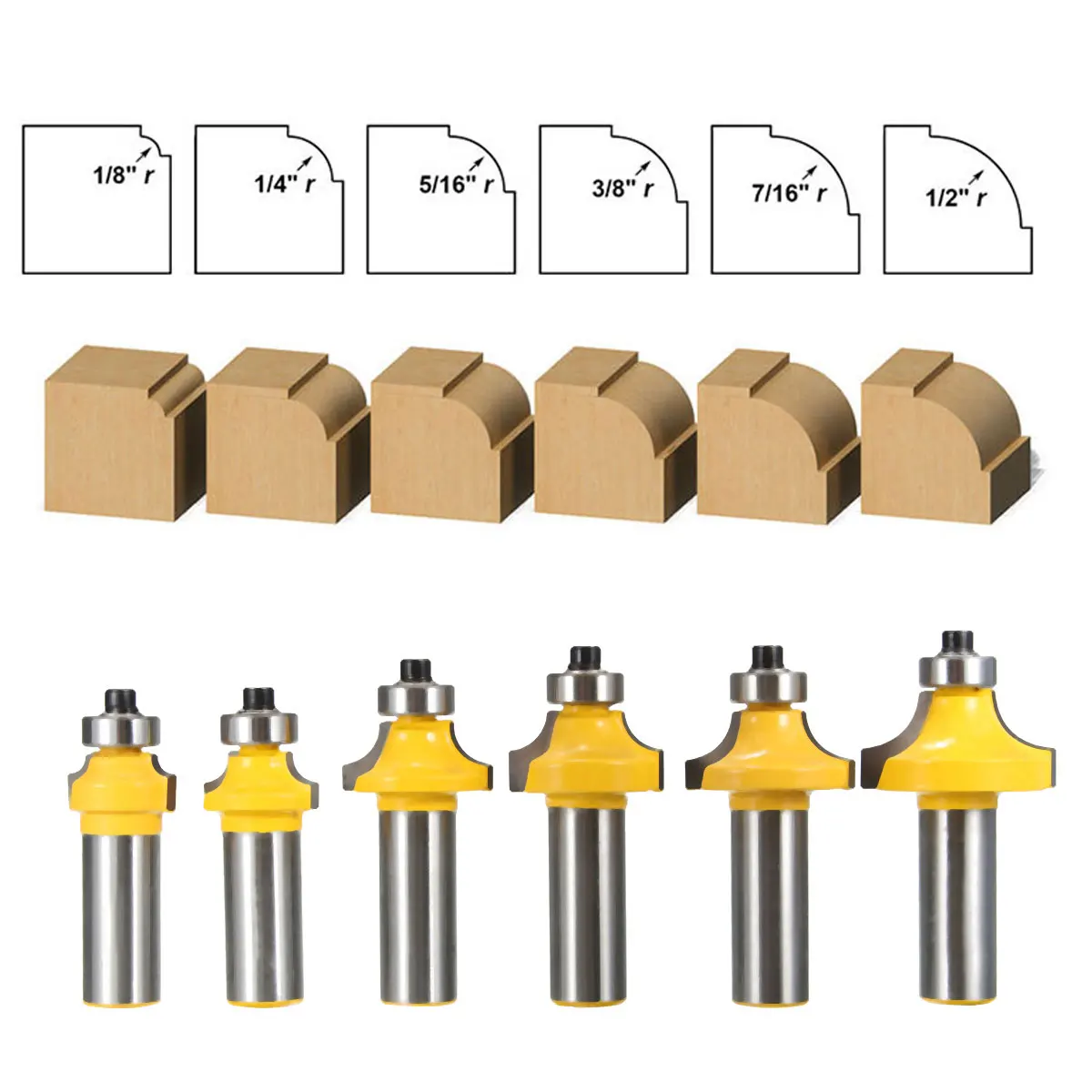 

6pcs 1/2" Round Over Edging Router Bit 1/2 Shank 1/2, 7/16, 3/8, 5/16, 1/4, 1/8 Radius Milling Cutter Woodworking Tool