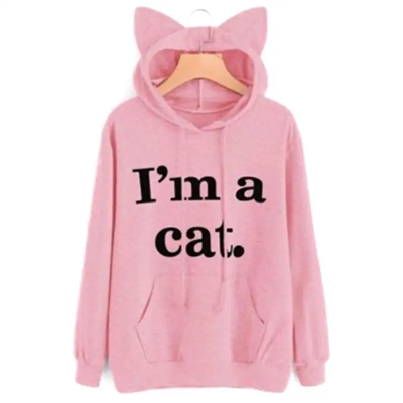 

Hoodie Sweatshirt Black Cat Ears Turtleneck Sweater Women's Long-sleeved Hooded Pullover Shirt Gym Running Women's Sport New