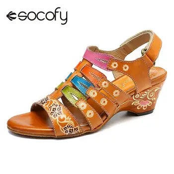 

SOCOFY Flowers Stitching Hollow Color Stripes Genuine Leather Splicing Soft Hook Loop Sandals Summer Shoes Elegant Ladies Shoes