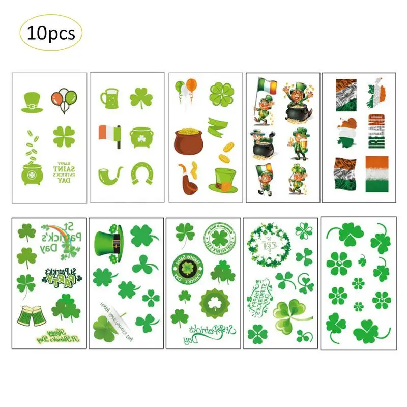 

10pcs St. Patrick's Day Clover Tattoo Sticker Waterproof Safe Nontoxic Face Sticker Diverse Pattern