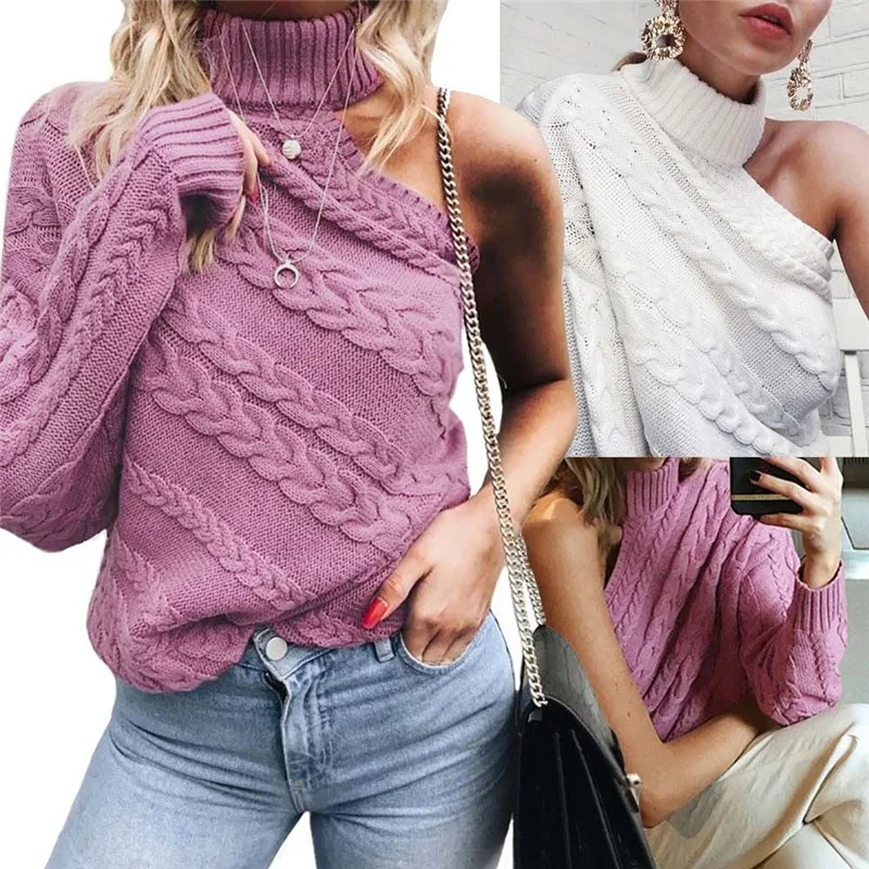 

2019 New Hot Spring Autumn Women Ladies Girl Fashion One Shoulder Solid Color White Pink Winter Sweater Turtleneck Pullover Tops