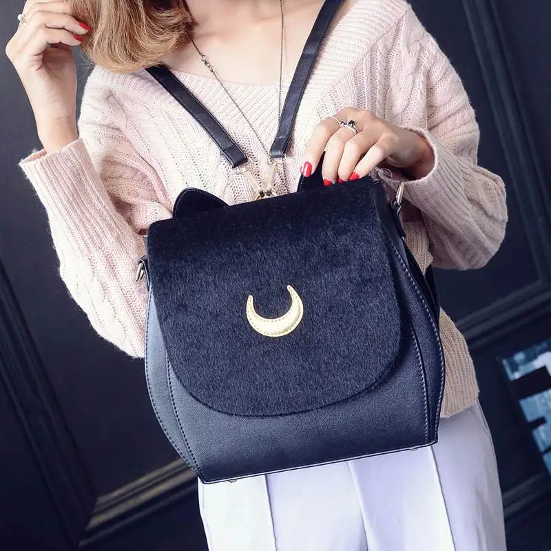 

Women Mini Backpack Feminine Bolsa Black Hand Bags Sailor Moon Chain Bag Famous Brands Cat PU Leather Shoulder Bags Tote Purses