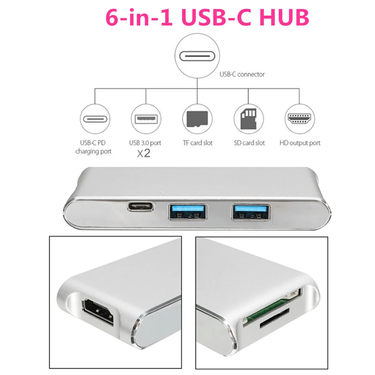 

6 in 1 USB C HUB with Type-C Power Delivery 4K Video HD Output Converter Alloy Card Reader USB 3.0 port Micro SD card reader