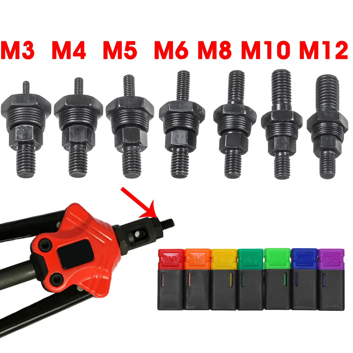 

7Pcs/Set M3 M4 M5 M6 M8 M10 M12 Riveter Guns Part Threaded Mandrel Replacement For Hand Nut Rivet Metric M3-M12