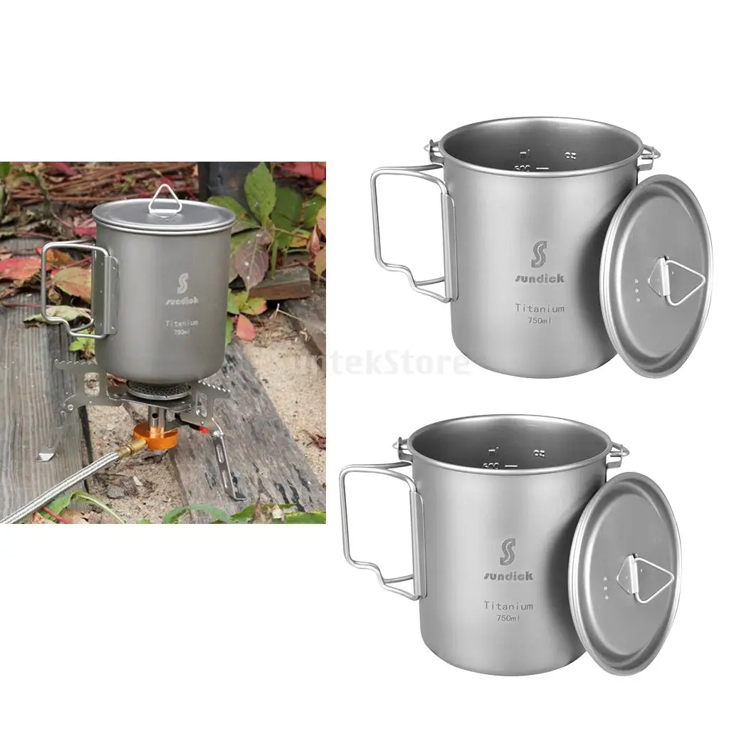 

2 Pieces Titanium Pot Camping Cookware 750ml Lightweight Water Cup with Lid and Foldable Handle