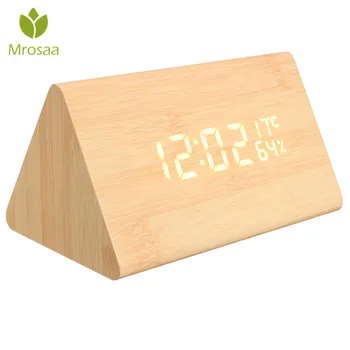 

HC-31 USB Voice Control Wooden Alarm Clocks Triangle Temperature LED Digital Table Desktop Clock Humidity Thermometer