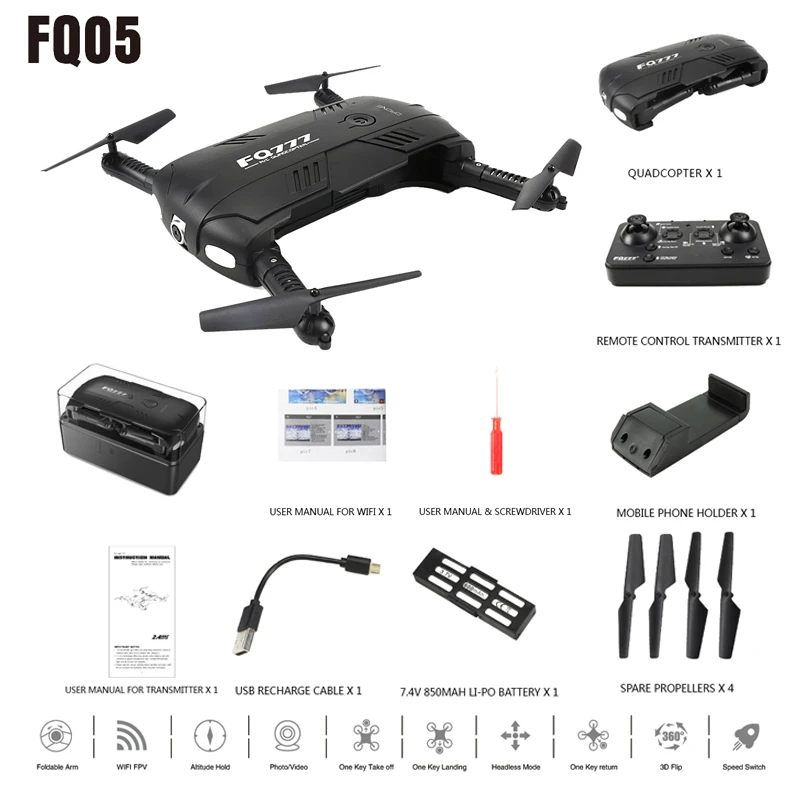 FQ05 2.4GHz 4CH 6 Axis Gyro Airplane WIFI Selfie Real Time Transmission Foldable Quadcopter with Camera HD FPV FQ777 RC Drone