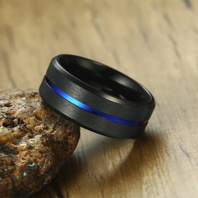 

Brushed Black Stainless Steel Wedding Band with Blue Grooved Center Rings for Men