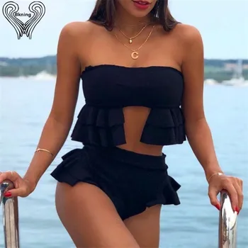 

Ruffled Bikini Set High Waisted Swimsuit Bandeau Swimwear Soft Padded Swimming Suit For Woman 2019 Sexy Two Pieces Swim Suits
