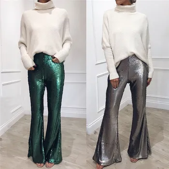 

Fashion Women Sequins Boho Flare Pants 2019 New Spring Summer High Waist Wide Leg Long Flared Trousers Sexy Bell Bottom Pants