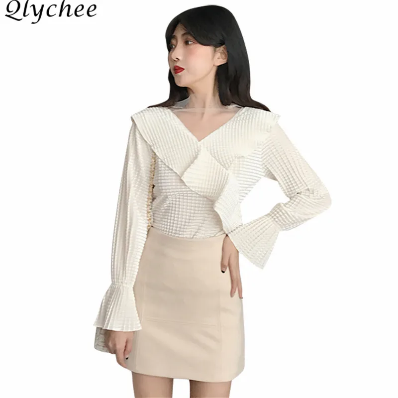 Qlychee лоскутное с длинным Расклешенным рукавом рюшами футболки женские V образным