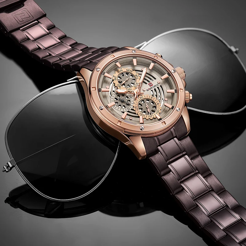 Для Мужчин's креативные кварцевые часы Топ Элитный бренд NAVIFORCE Для мужчин спортивные часы Водонепроницаемый 24 часовой формат Full Сталь Бизнес наручные часы