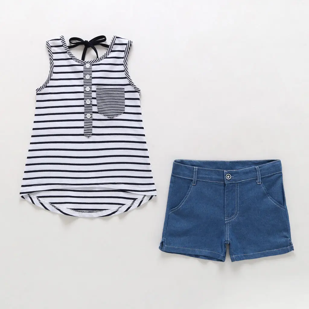 

Little Girl Summer Clothes Set Kids Girls Toddler Denim Outfits Clothing Striped Vest Tops+Jeans Shorts 2PCS Outfits
