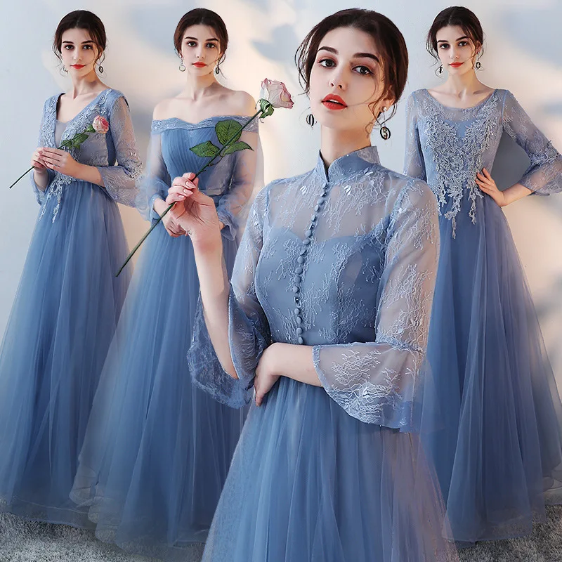 Vivian's Bridal 2019 Дешевое Элегантное синее серое ТРАПЕЦИЕВИДНОЕ простое платье