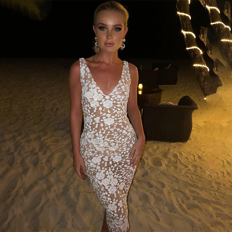 NATTEMAID Bodycon V средства ухода за кожей шеи майка миди пикантное платье vestidos Verano Лето г. платье с цветочным рисунком для женщин Повседневное белый Элегантн