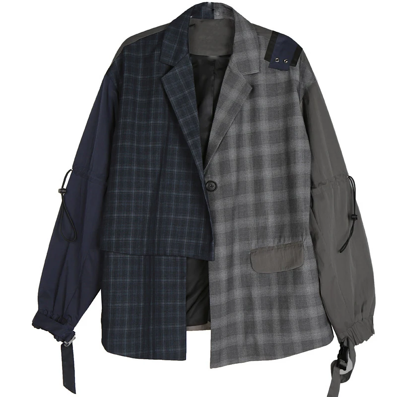 Plaid Longueur De Haute Spliced 2019 Cordon Manteau Bleu Nouvelles Vintage Printemps Femmes Qualité Mode Blue Navy Asymétrique ewq Lc175 z7wXX