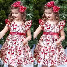 Рождественское платье для новорожденных девочек; мини-платье без рукавов с принтом оленя и бантом; праздничные платья принцессы; Детские торжественные платья