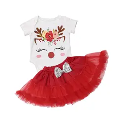 2018 Рождественская Одежда для новорожденных девочек, комбинезон с короткими рукавами и цветочным принтом + юбка-пачка с бантом, нарядное