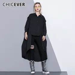 CHICEVER Весна Черный Нерегулярные Для женщин ветровка с лацканами длинный рукав; пуговицы свободные негабаритных тонкий Для женщин Верхняя