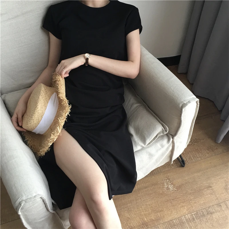 

Women Black Pullover Dress Spring Summer Female Solid Short Sleeve O-Neck Elegant Dress Ladies Slim Knee-Length Dresses Vestidos