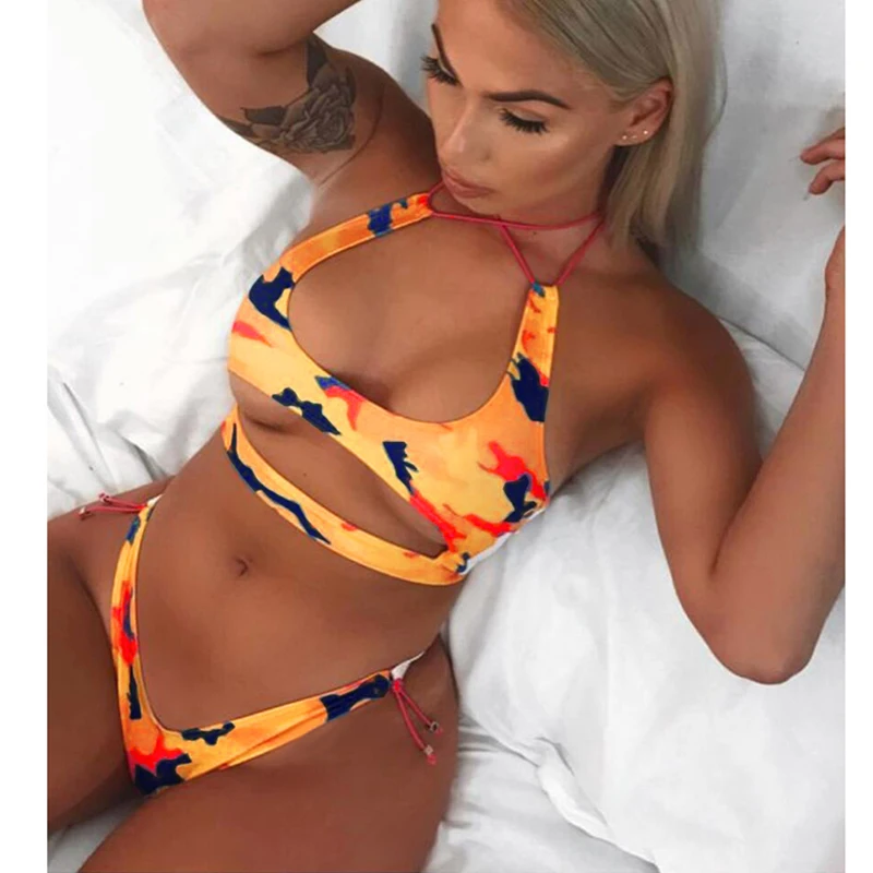 

Sexy Bikini set Women Lace Up Cutout Bandage Bikini Camouflage Pineapple Print Swimwear Swimsuit Bathing Suit Biquini beachwear