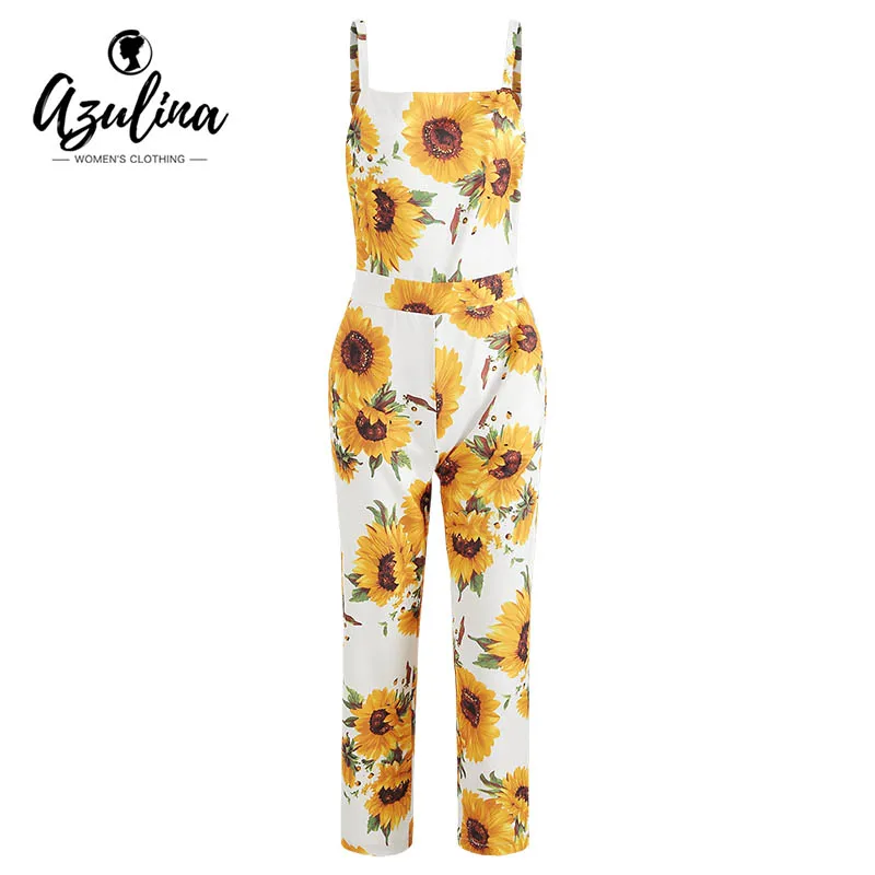 ZAFUL Sunflower Print Overalls Women Jumpsuit Summer Spring Backless Square Collar Sleeveless Long Rompers Ladies Clothes 2019 ZAFUL Sunflower Print Overalls Women Jumpsuit Summer Spring Backless Square Collar Sleeveless Long Rompers Ladies Clothes 2019