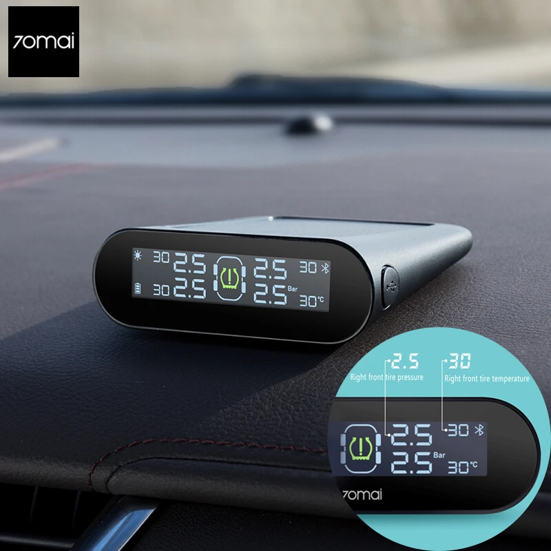 

Xiao mi 70mai TPMS Tire Pressure Tester Monitor Solar Power Dual USB Charging Built-in Sensors System Alarm English APP Monitor