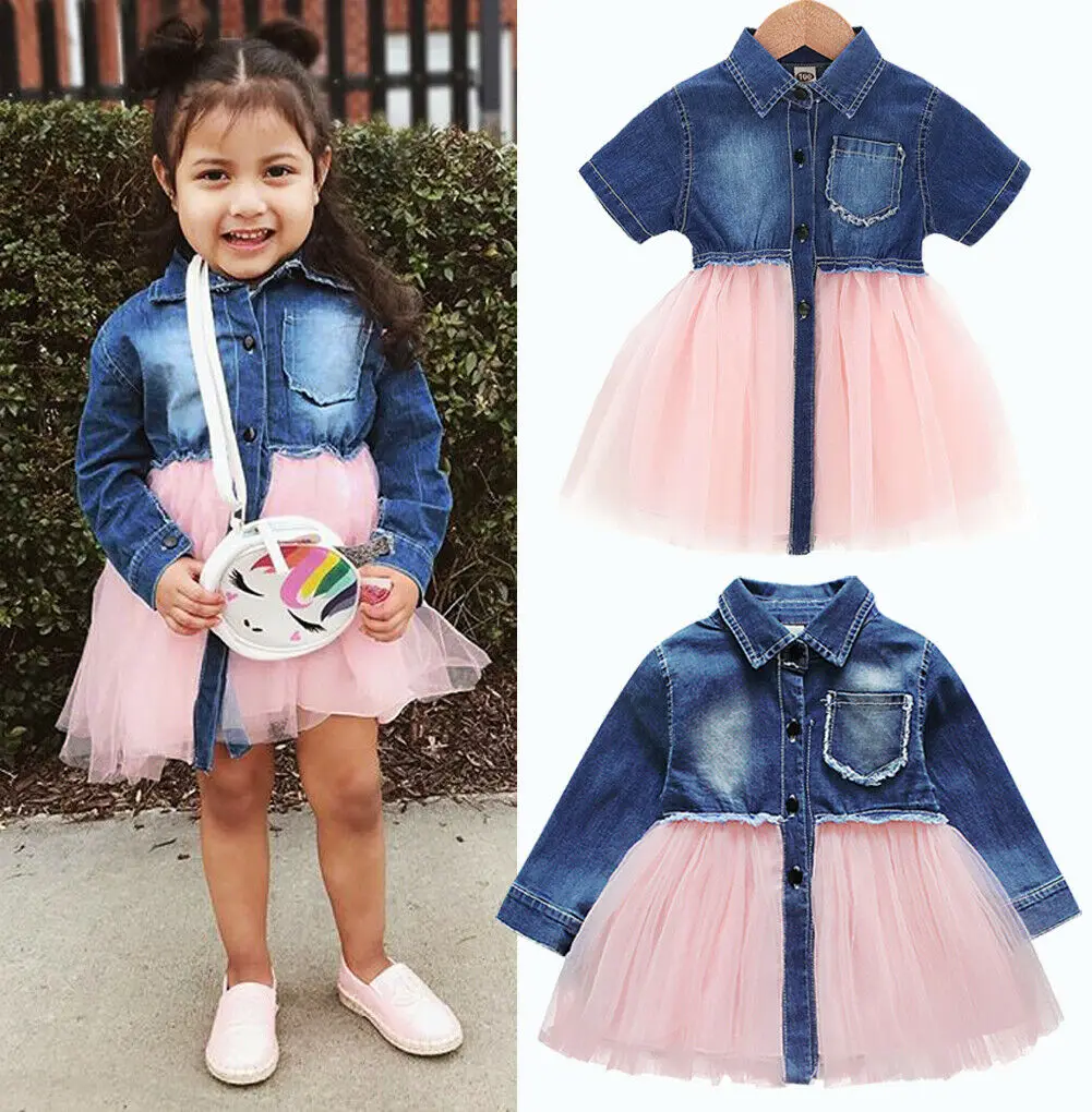 

Denim Dress For Girls Toddler Baby Girl Casual Short Sleeve High Waist Lace Tulle Party Dresses Clothes 6M-4T