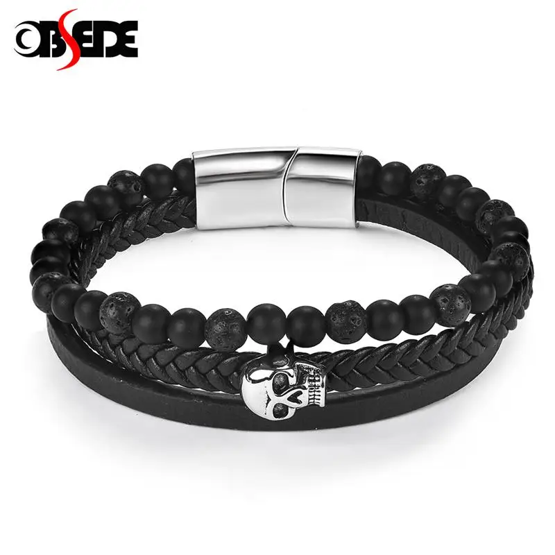 

Punk Men Skull Jewelry Bracelet Multilayer Braid Leather Natural Stone Beaded Wristband Stainless Steel Magnetic Clasps Bangles