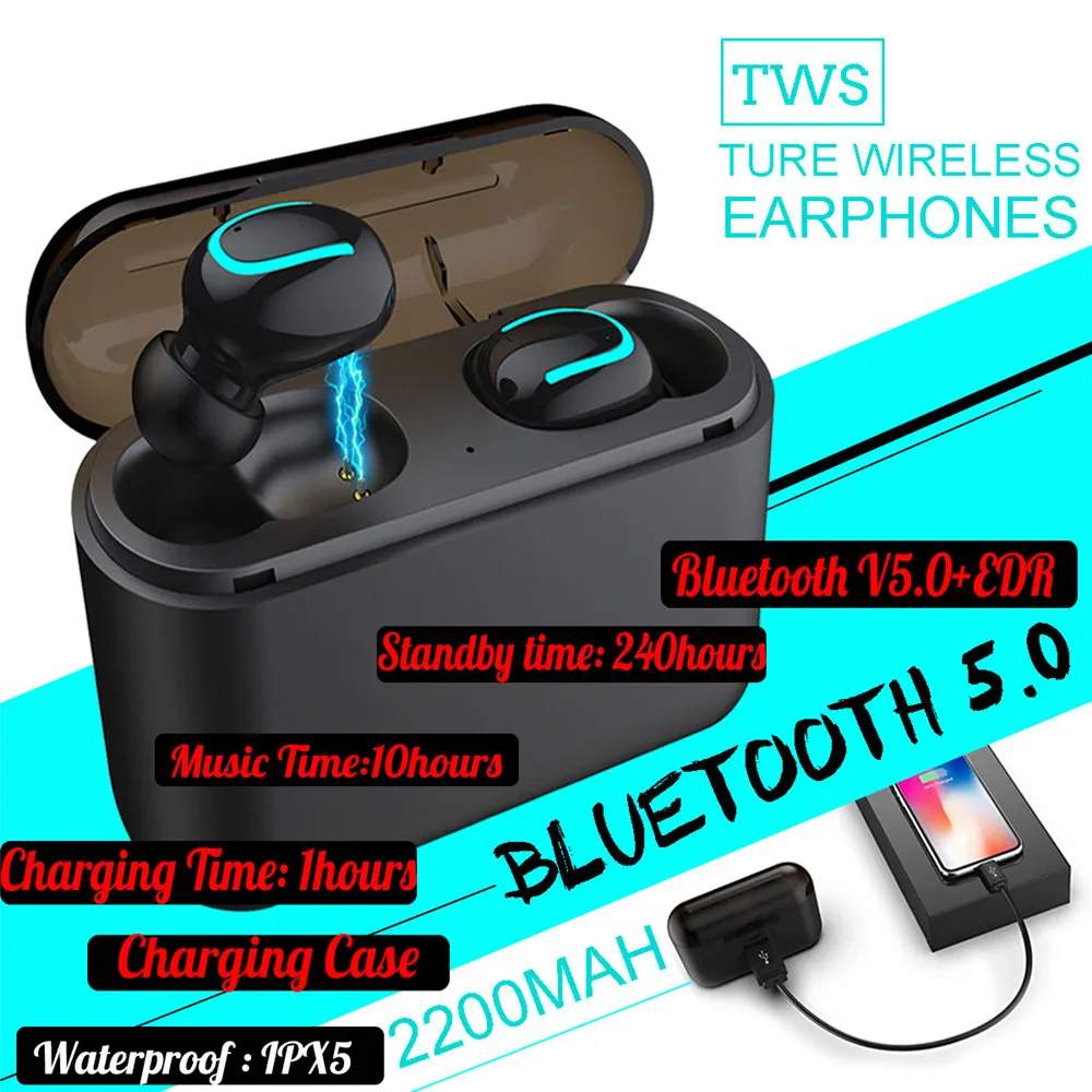 

1200/2200mAh Mini bluetooth 5.0 Earphones TWS Wireless Stereo Headset Waterproof Sports In-Ear Dual Earbuds Power Bank with Mic