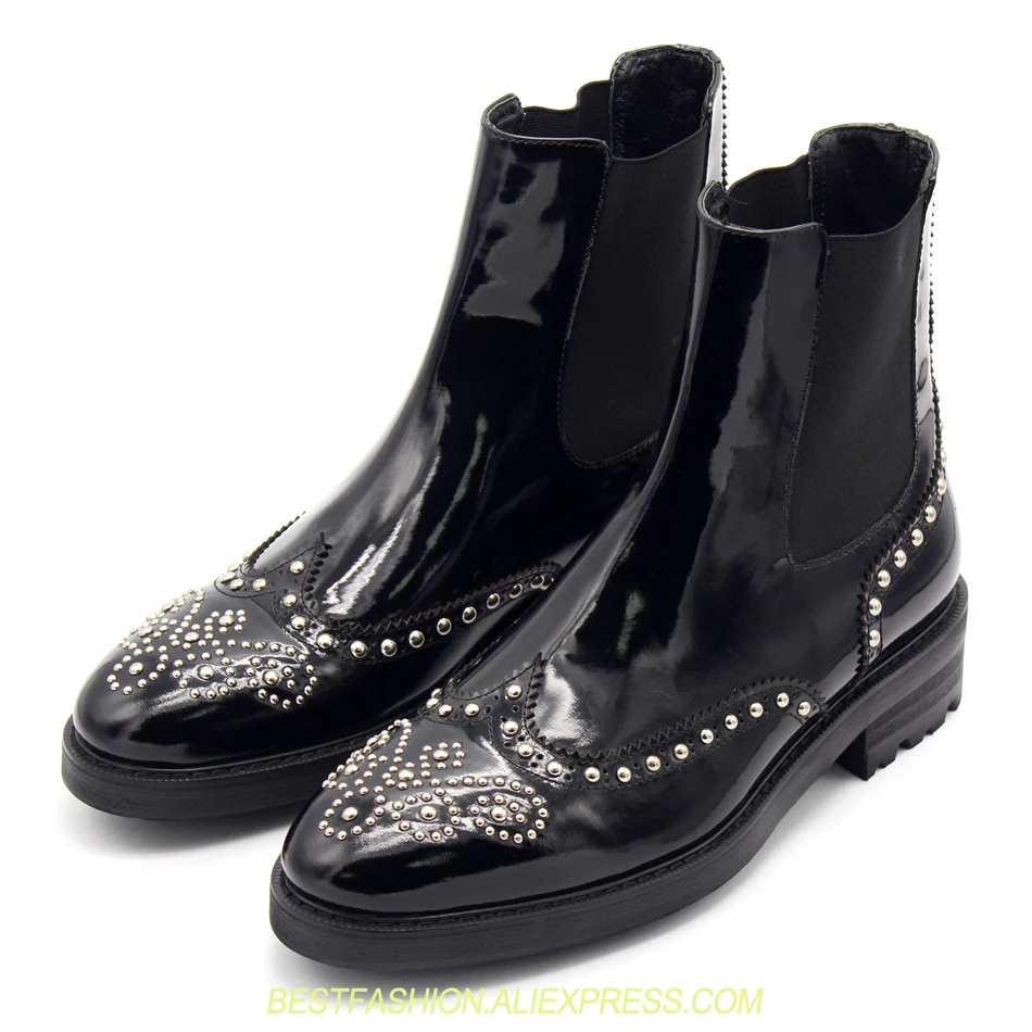 

Handmade Carved cowhide leather short booties for men black pointed rivets upper slip on ankle boots british style boots