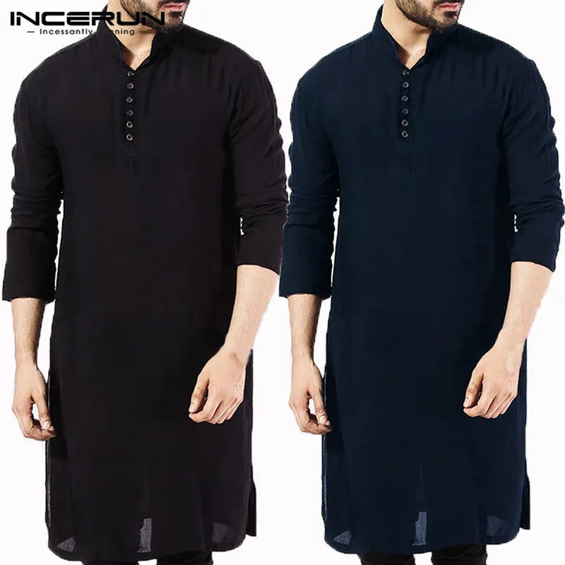 

INCERUN Men's Shirt Stand Collar Long Sleeve Vintage Cotton Casual Solid Long Shirt Tops Men Pakistani Indian Kurta Suit S-5XL