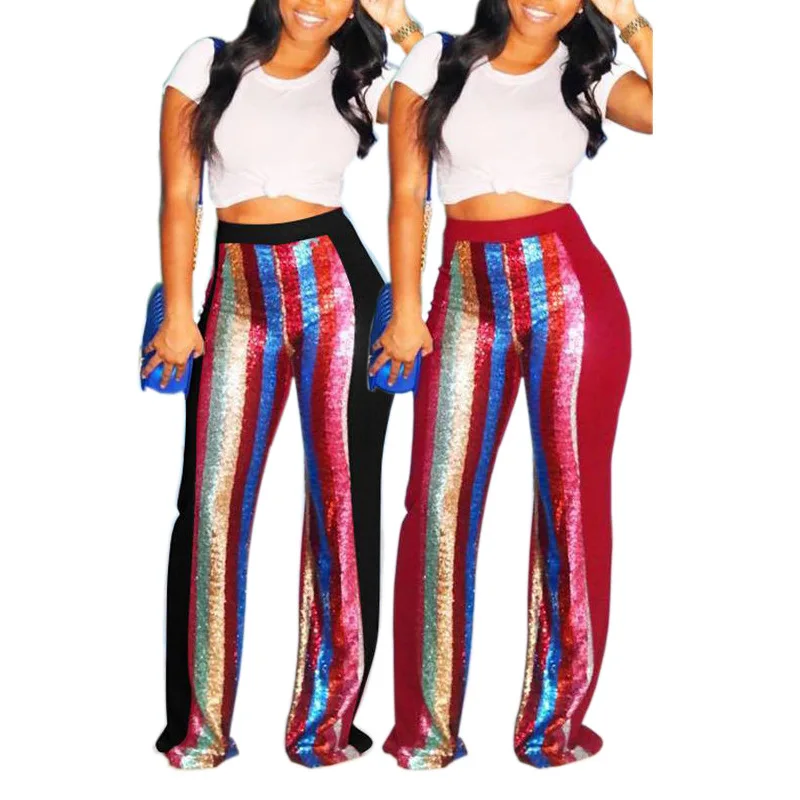 

glitter rainbow sequin striped patchwork fashion clothes long pants women wide leg pants trousers womens clothing streetwear