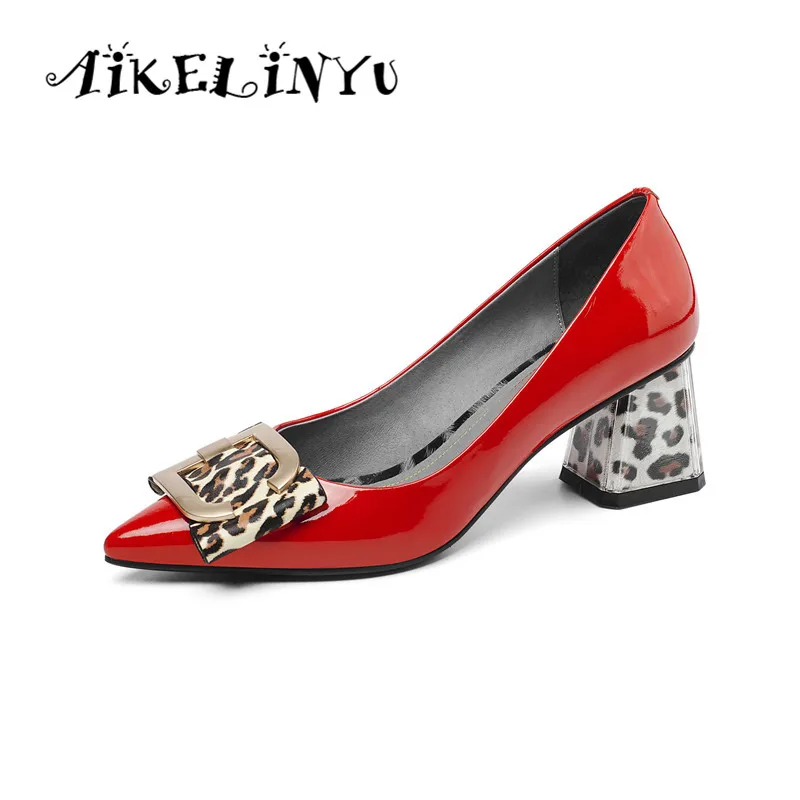 

AIKELINYU Brand Thick Heel Ladies Pumps Women Black Shoes Pointed Toe Leopard Print Square Heels Party Metal Decoration Shoes
