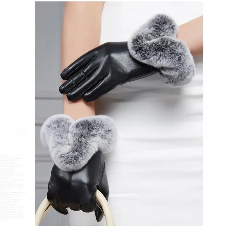 Winter Ladies Simulation Leather Simulation U-Shaped Mouth Touch Screen Gloves PU Warm Black Red Full Palm