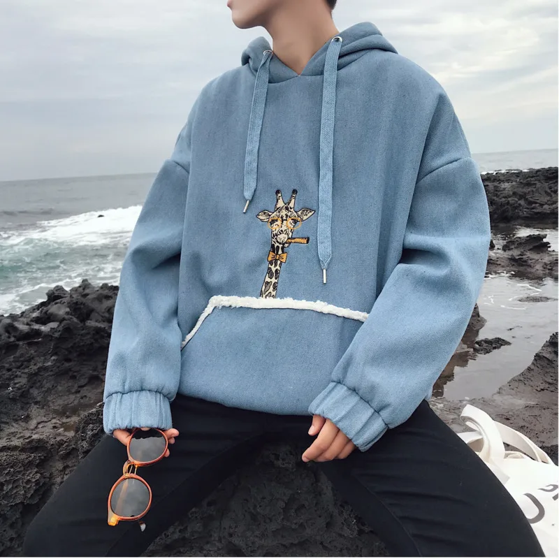 

2019 Spring And Autumn Thickening Denim Plus Velvet Embroidery Hooded Hooded Lamb Hair Thickening Black / Blue M-2XL