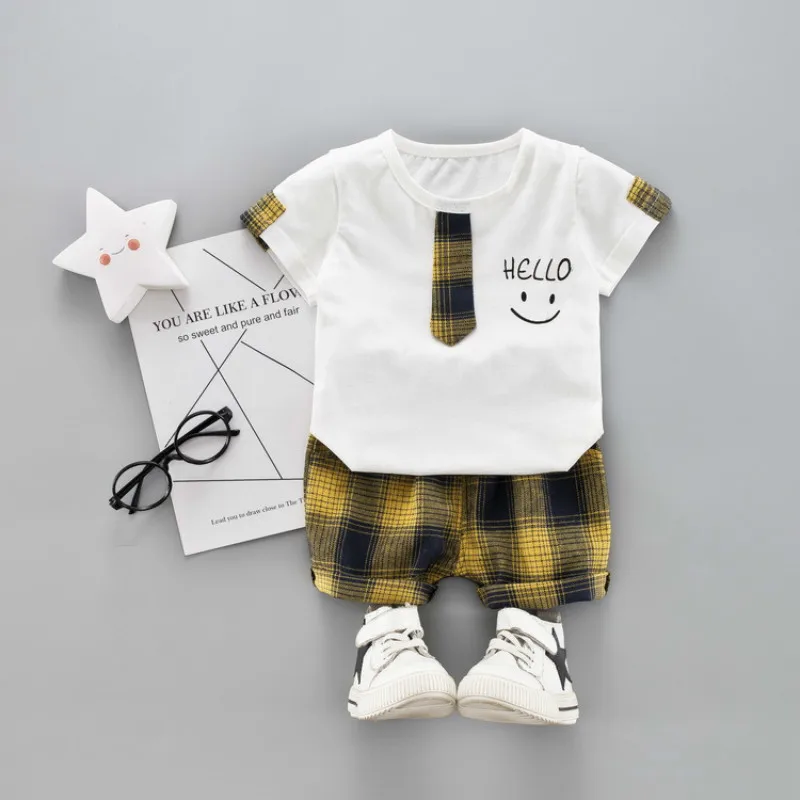 

Baby Boys Girls Clothes Kids Fashion Summer Tie T Shirt Plaid Shorts 2pcs/sets Infant Cotton Casual Garment Children Sport Suits