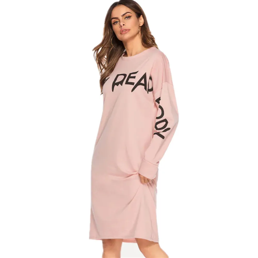 

2019 Women's Spring New Dress Casual Vacation Round Neck Long Sleeve Letter Print Fashion Dress