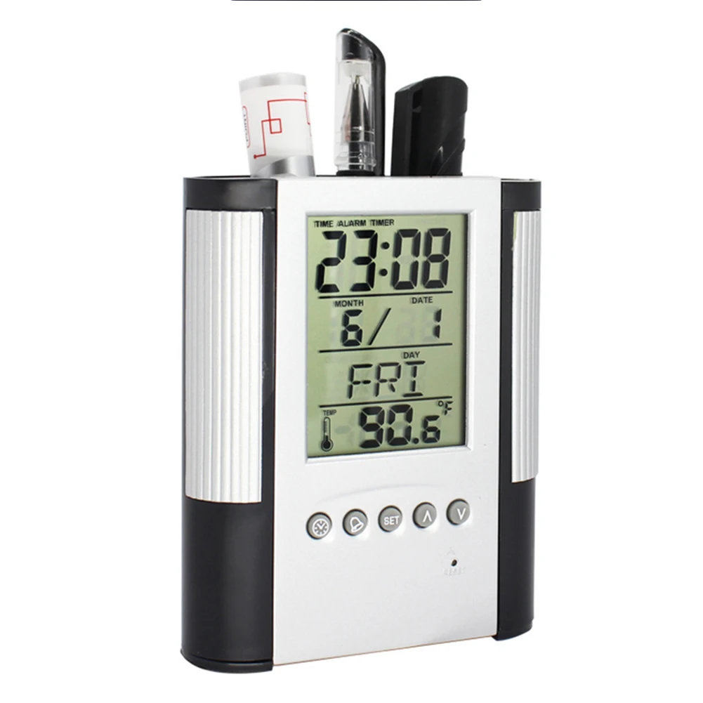 ABS Multifunctional Alarm Clock Pen Holder Office Electronic Calendar Alarm Clock LCD Temperature Display Container #16