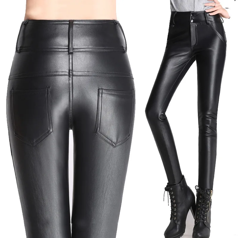 0510 зимние теплые обтягивающие Стрейчевые женские брюки из искусственной кожи больших размеров, черные узкие флисовые брюки из искусственной кожи с высокой талией 4XL