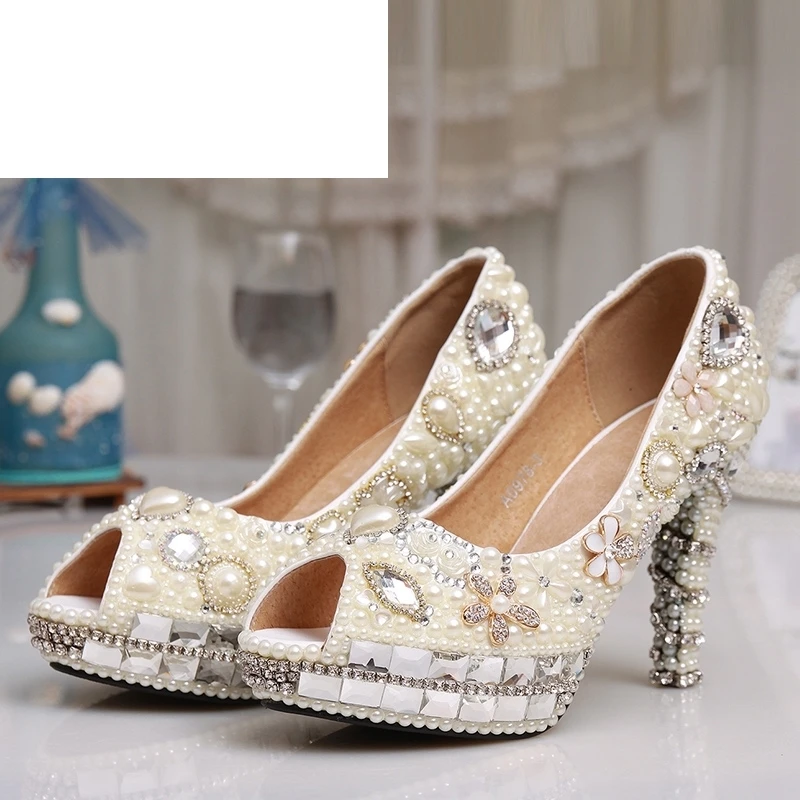 

2018 Ivory Pearl Wedding Shoes 4" High Heel Peep Toe Bride Dress Shoes Summer Prom Party Pumps Rhinestone Deco Gorgeous Shoes