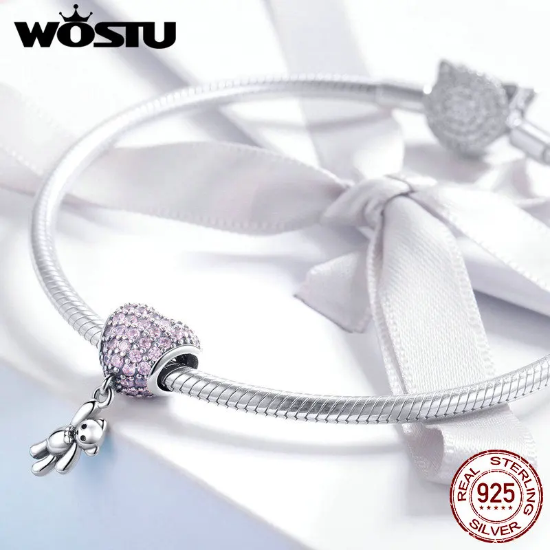 Ожерелье и браслет WOSTU из серебра 925 пробы с шариками медведями подходит для