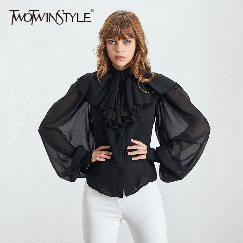 

TWOTWINSTYLE Chiffon Shirts Women Lantern Sleeve Stand Collar Ruffle Patchwork Perspective Shirt Top Female 2019 Korean Fashion