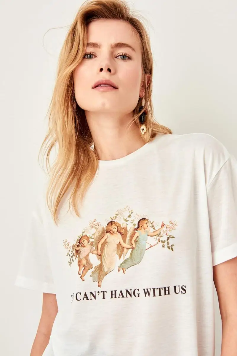 

Trendyol White Printed Basic Knitted T-Shirts TWOSS19GS0082